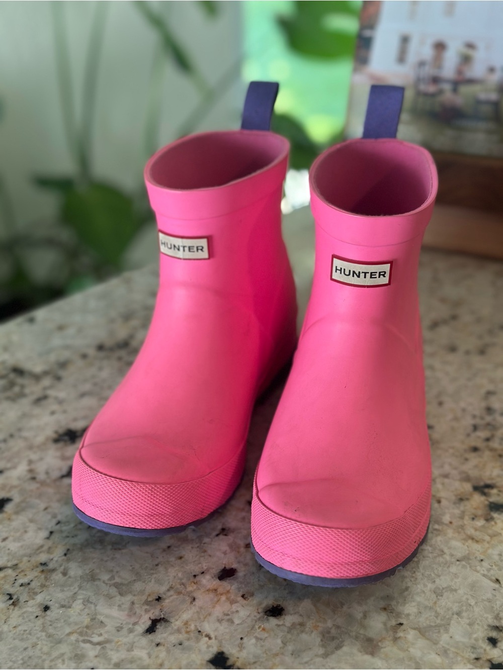 Hunter Pink Short Waterproof Rain Boots with Purple Pull Tabs